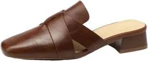 WomenS Plus Size Genuine Leather Upper Synthetic Lined Square Heel Pull On 3Cm Low Heel Street Style Mules