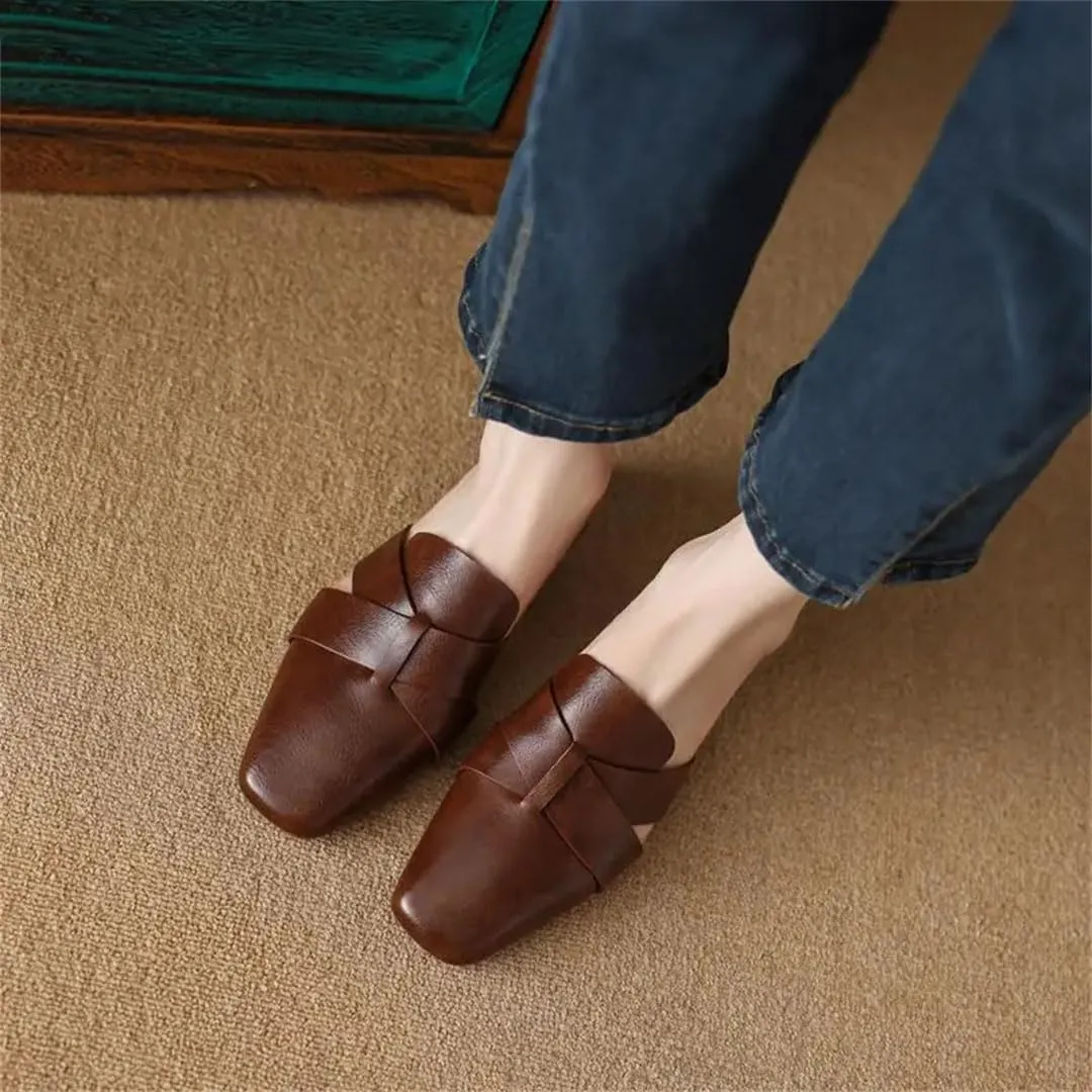 WomenS Plus Size Genuine Leather Upper Synthetic Lined Square Heel Pull On 3Cm Low Heel Street Style Mules