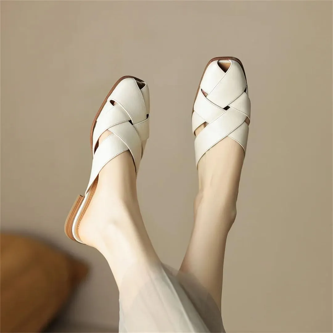 WomenS Plus Size Genuine Leather Weave Narrow Band Flat Slip-On Comfortable Mules for Daily Shopping and Walking