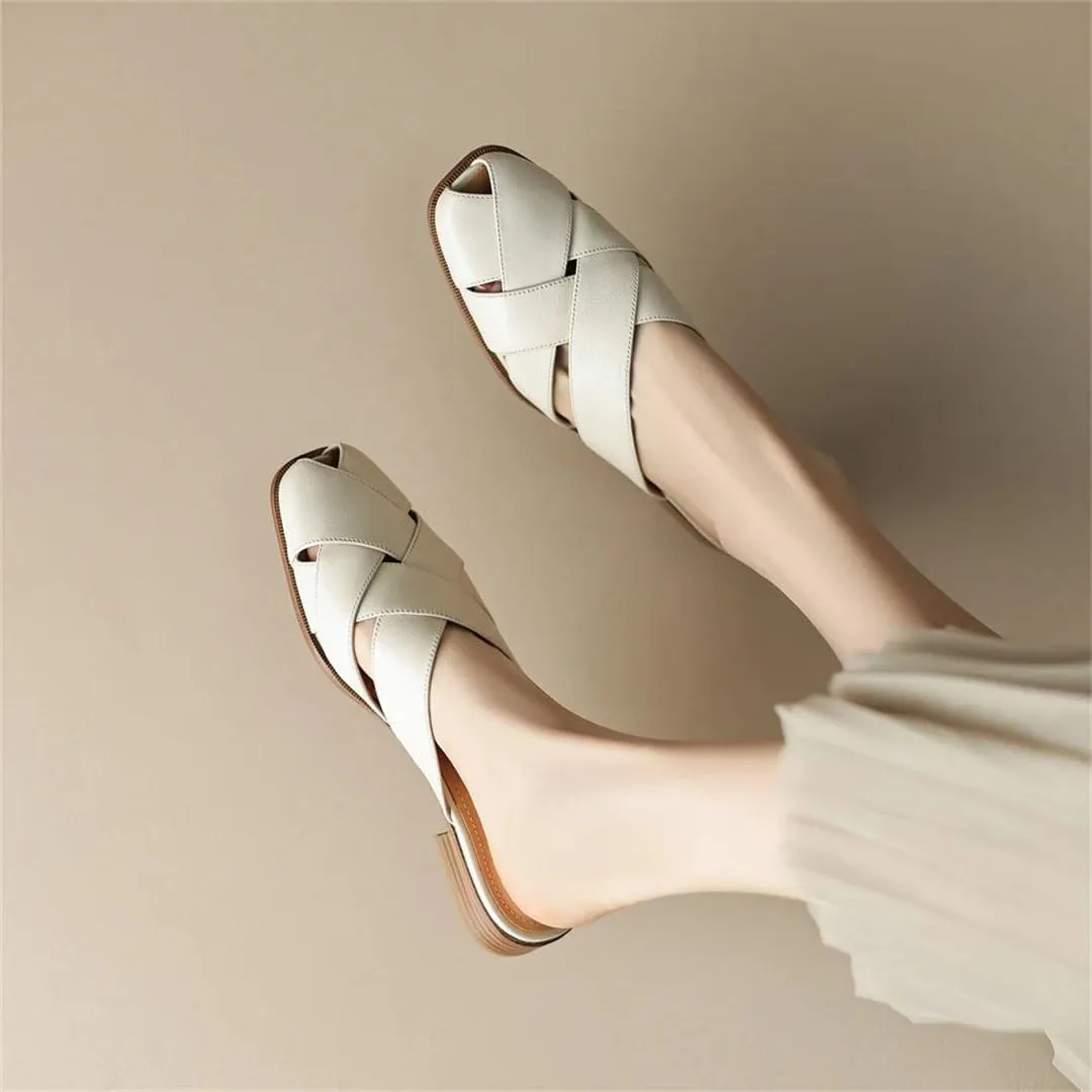 WomenS Plus Size Genuine Leather Weave Narrow Band Flat Slip-On Comfortable Mules for Daily Shopping and Walking