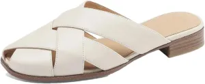 WomenS Plus Size Genuine Leather Weave Narrow Band Flat Slip-On Comfortable Mules for Daily Shopping and Walking