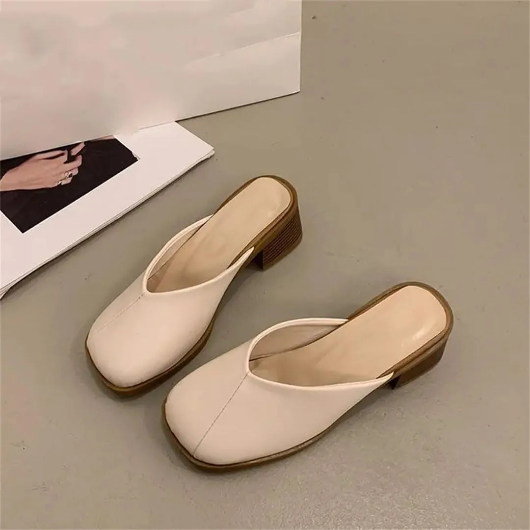 WomenS Retro Basic Cover Toe Flat Heel PU Leather Shallow Pull On Mules for Daily Shopping and Walking