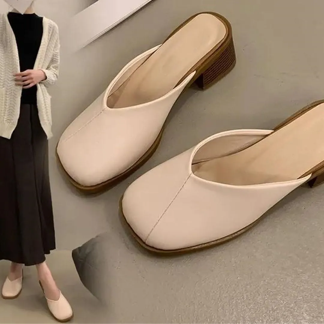 WomenS Retro Basic Cover Toe Flat Heel PU Leather Shallow Pull On Mules for Daily Shopping and Walking