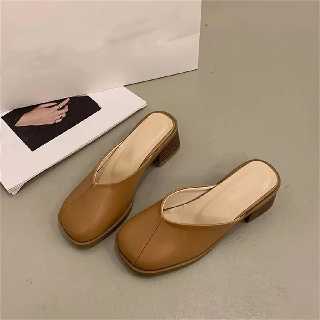 WomenS Retro Basic Cover Toe Flat Heel PU Leather Shallow Pull On Mules for Daily Shopping and Walking