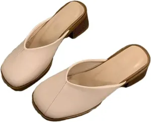WomenS Retro Basic Cover Toe Flat Heel PU Leather Shallow Pull On Mules for Daily Shopping and Walking