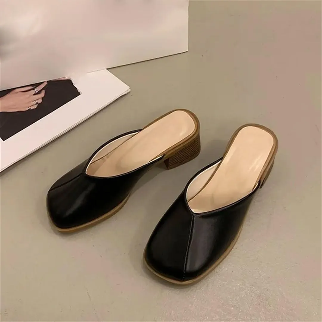 WomenS Retro Basic Cover Toe Flat Heel PU Leather Shallow Pull On Mules for Daily Shopping and Walking