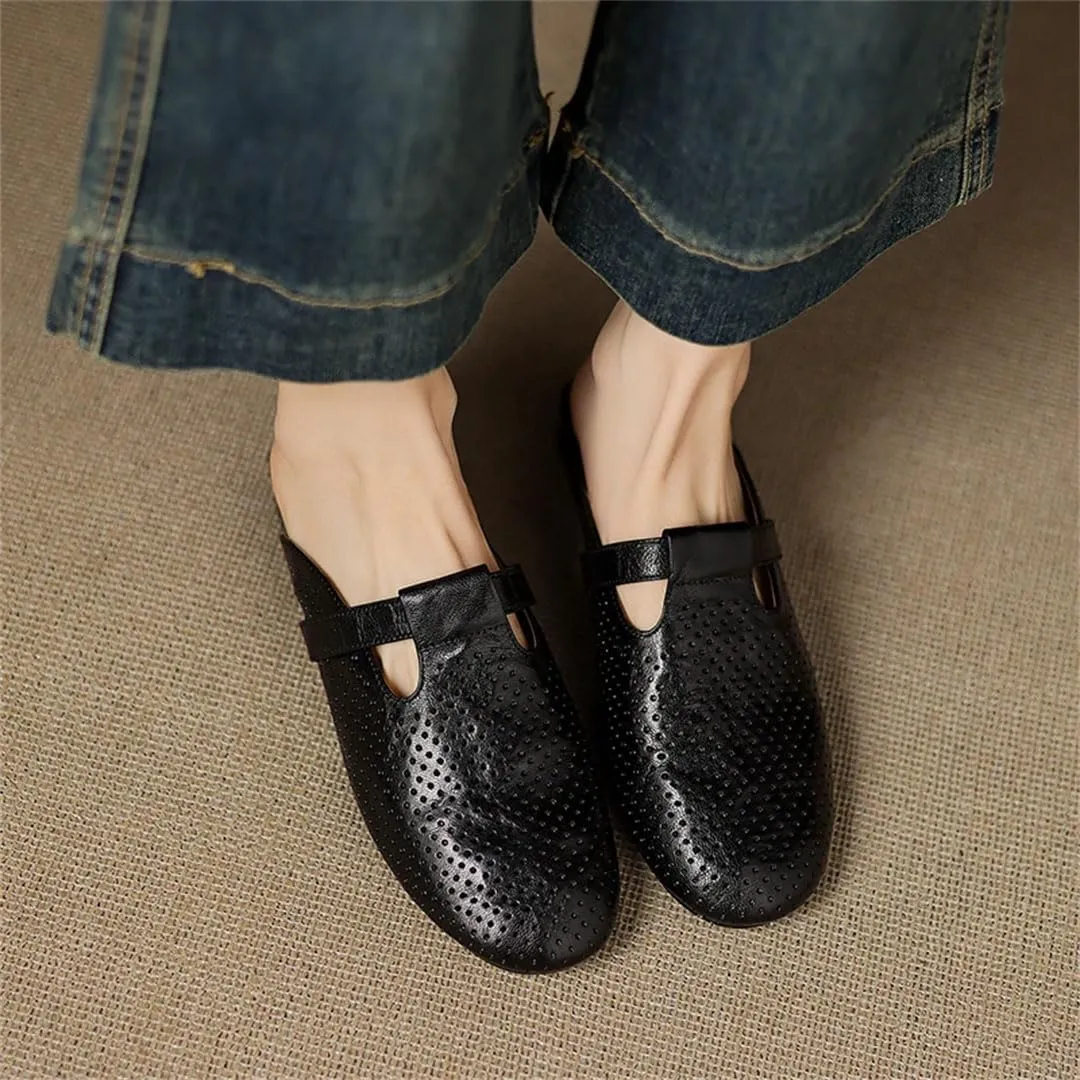 WomenS Retro Genuine Leather Round Toe Low Square Heel Hollow Out Mules for Daily Shopping and Walking