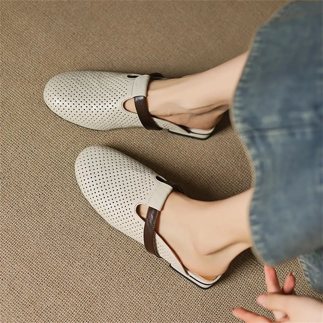 WomenS Retro Genuine Leather Round Toe Low Square Heel Hollow Out Mules for Daily Shopping and Walking