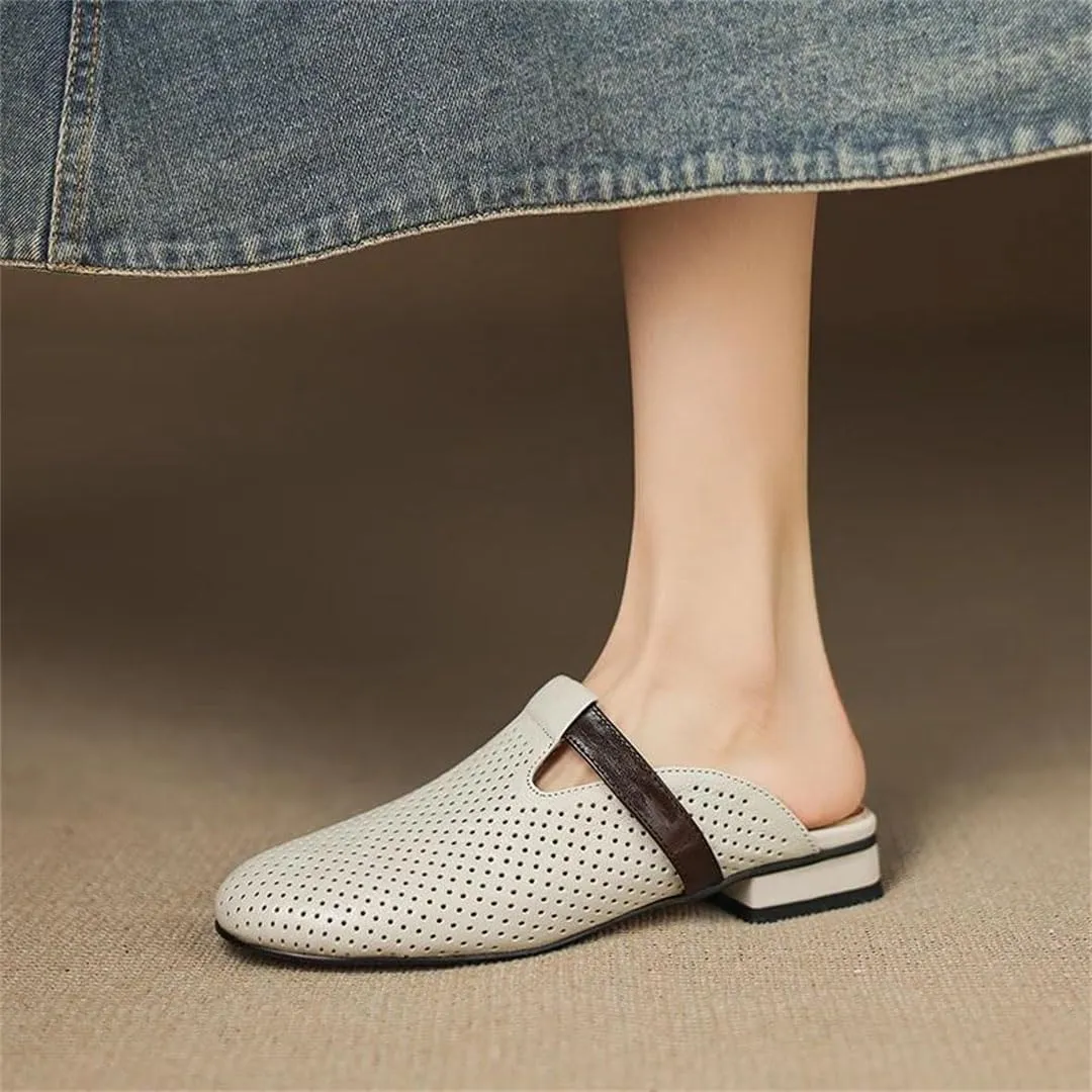 WomenS Retro Genuine Leather Round Toe Low Square Heel Hollow Out Mules for Daily Shopping and Walking