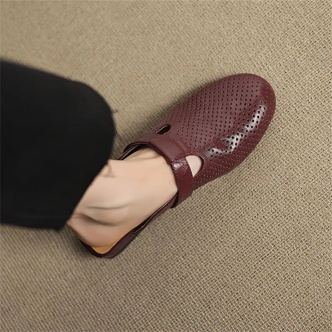 WomenS Retro Genuine Leather Round Toe Low Square Heel Hollow Out Mules for Daily Shopping and Walking