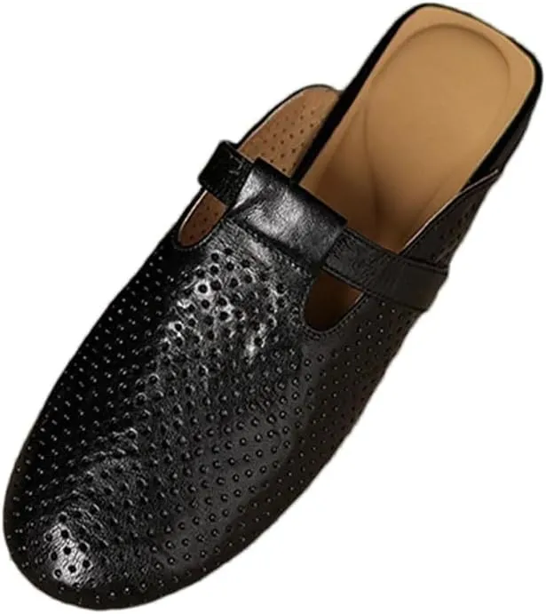WomenS Retro Genuine Leather Round Toe Low Square Heel Hollow Out Mules for Daily Shopping and Walking