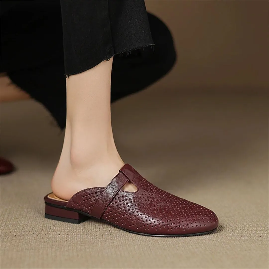 WomenS Retro Genuine Leather Round Toe Low Square Heel Hollow Out Mules for Daily Shopping and Walking