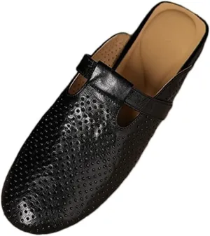 WomenS Retro Genuine Leather Round Toe Low Square Heel Hollow Out Mules for Daily Shopping and Walking