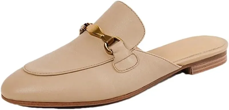 WomenS Retro Genuine Leather Round Toe Low Square Heel Office Casual Metal Buckle Mules