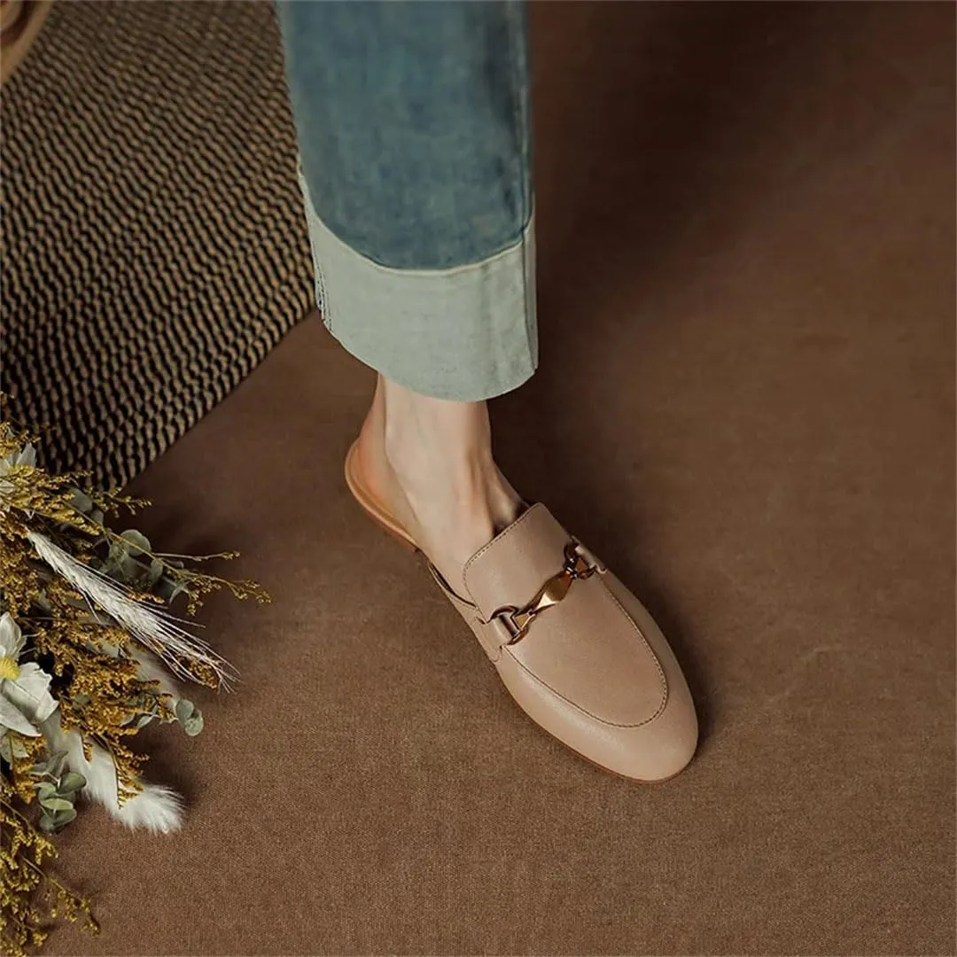WomenS Retro Genuine Leather Round Toe Low Square Heel Office Casual Metal Buckle Mules