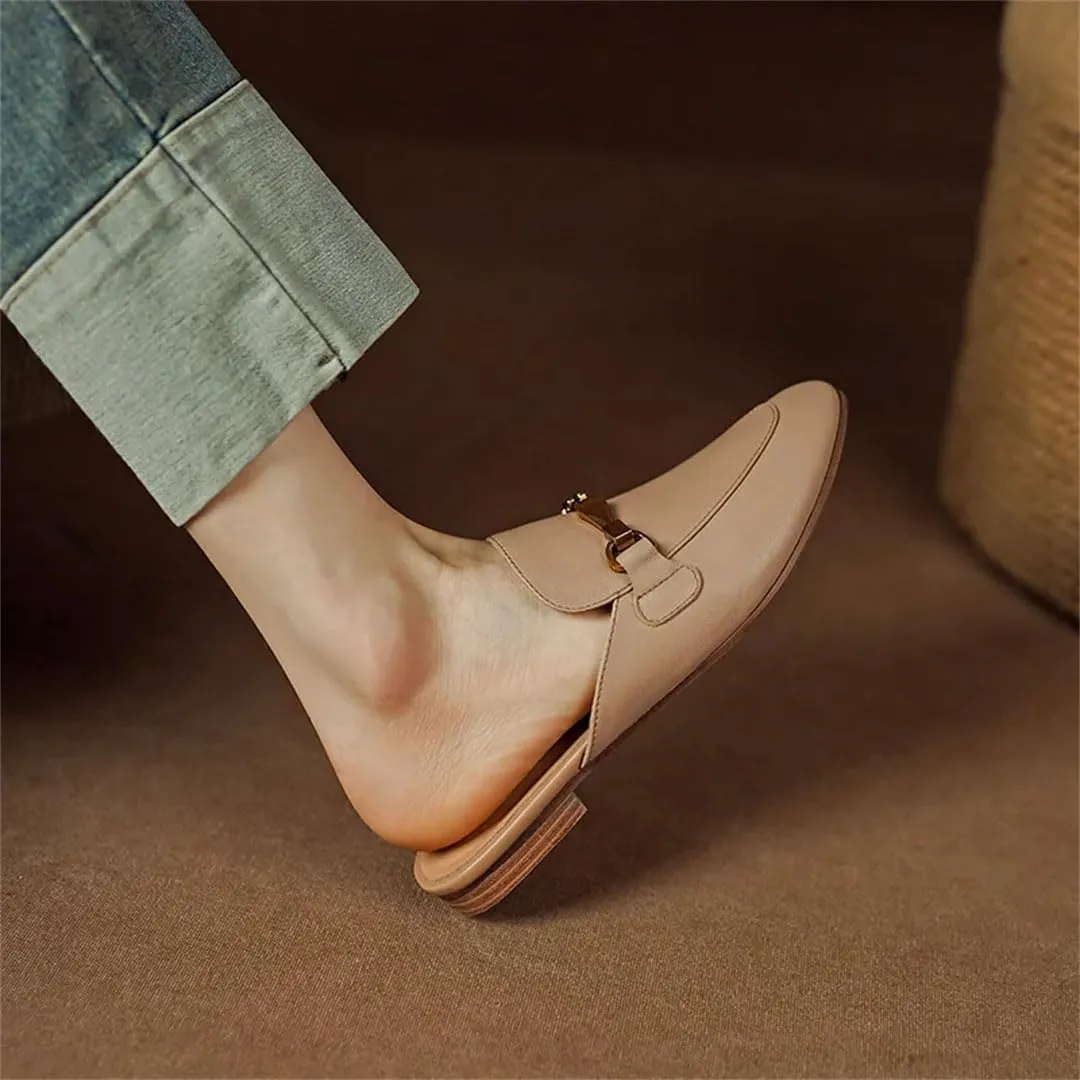 WomenS Retro Genuine Leather Round Toe Low Square Heel Office Casual Metal Buckle Mules