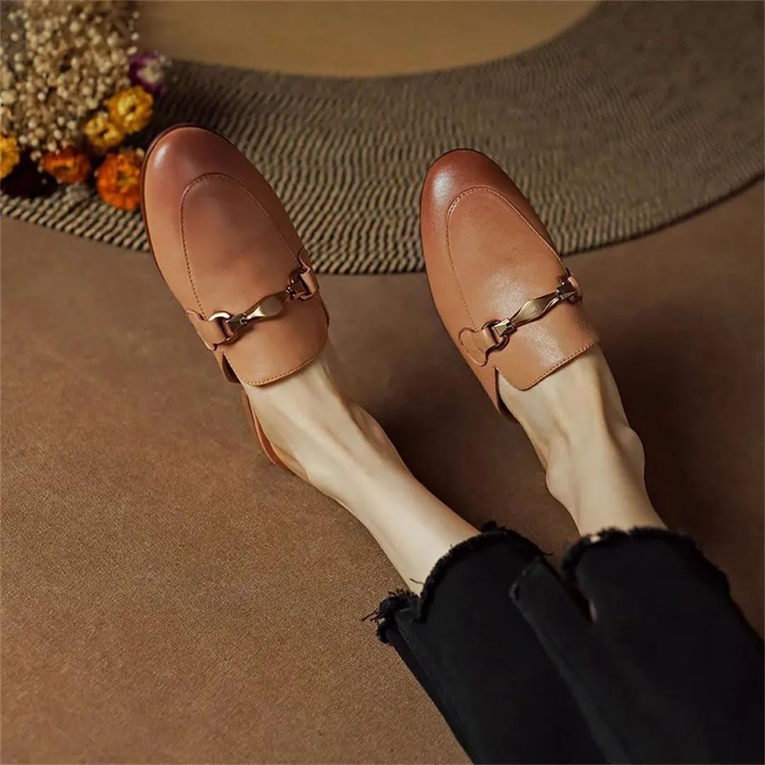 WomenS Retro Genuine Leather Round Toe Low Square Heel Office Casual Metal Buckle Mules