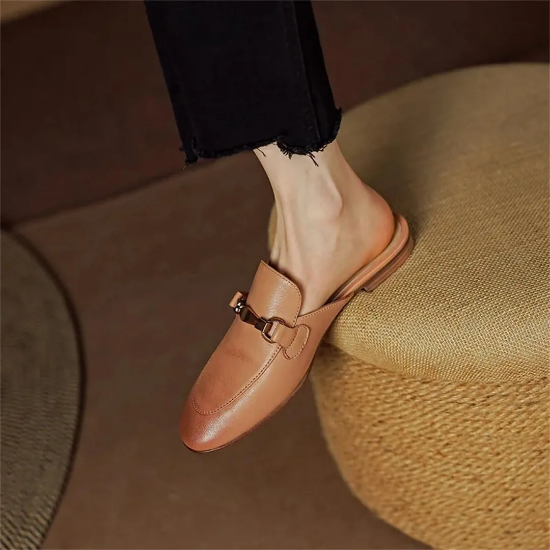 WomenS Retro Genuine Leather Round Toe Low Square Heel Office Casual Metal Buckle Mules