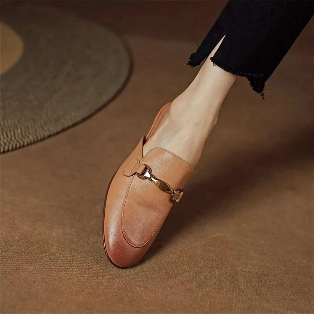 WomenS Retro Genuine Leather Round Toe Low Square Heel Office Casual Metal Buckle Mules
