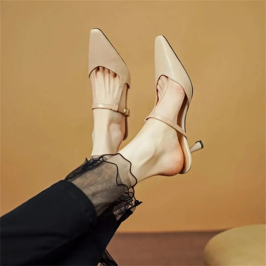 WomenS Retro Pointed Toe Slip On High Thin Heel Genuine Leather Shallow Mules for Daily Shopping and Walking