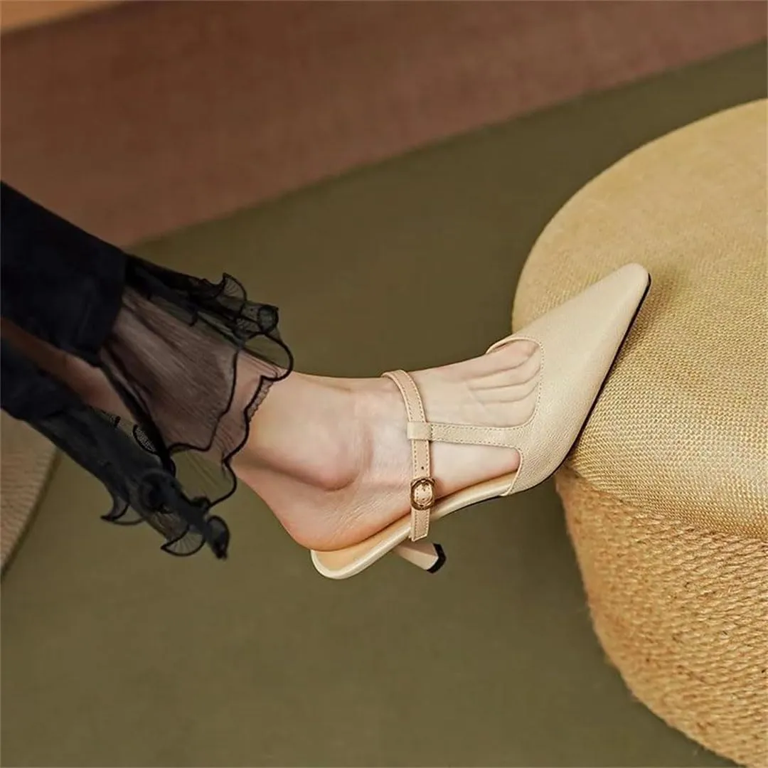 WomenS Retro Pointed Toe Slip On High Thin Heel Genuine Leather Shallow Mules for Daily Shopping and Walking