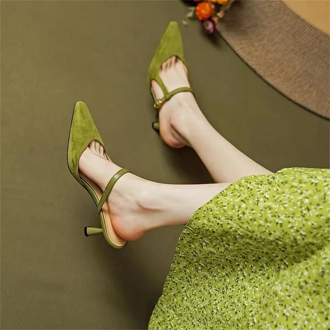WomenS Retro Pointed Toe Slip On High Thin Heel Genuine Leather Shallow Mules for Daily Shopping and Walking