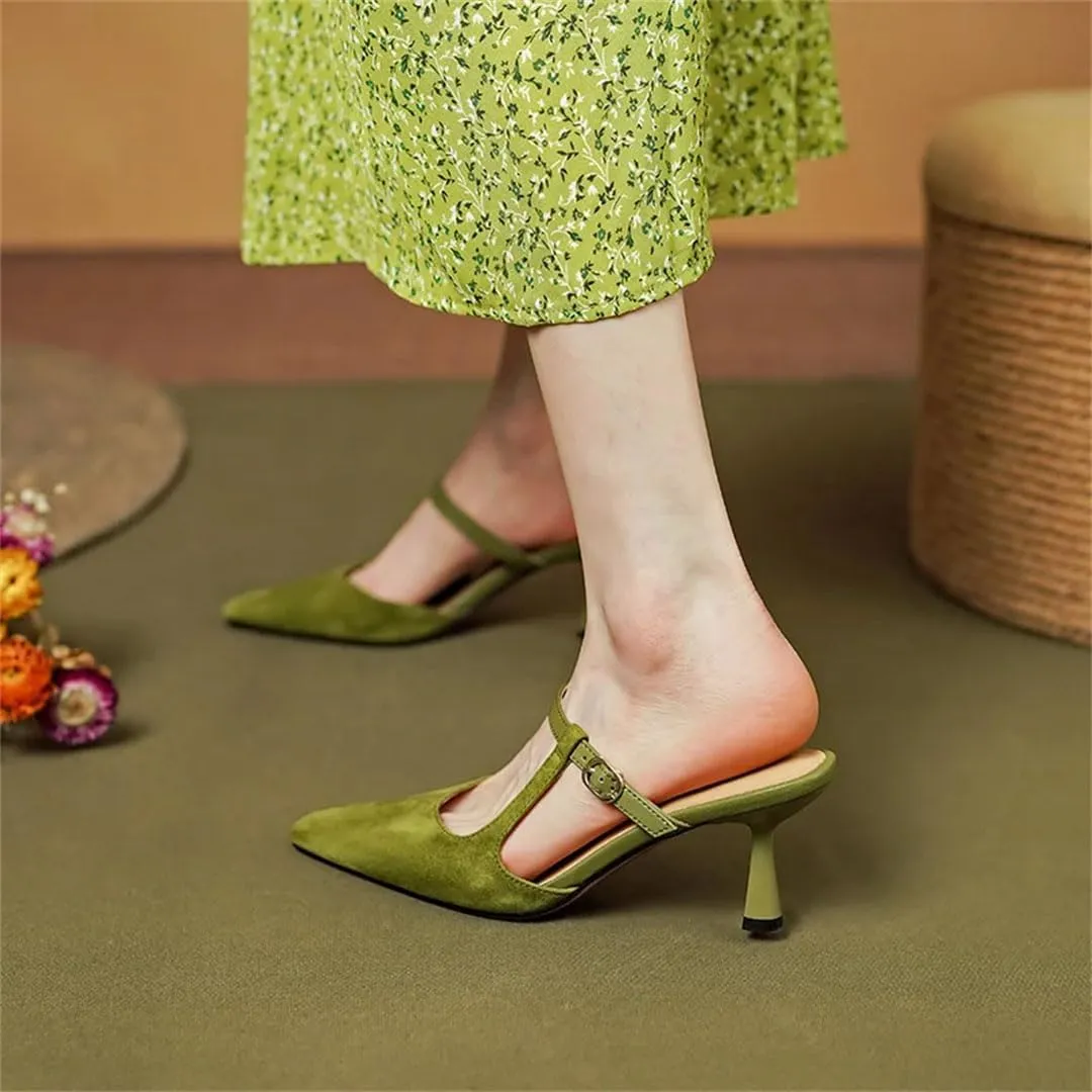 WomenS Retro Pointed Toe Slip On High Thin Heel Genuine Leather Shallow Mules for Daily Shopping and Walking