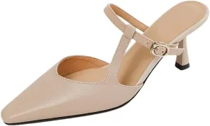 WomenS Retro Pointed Toe Slip On High Thin Heel Genuine Leather Shallow Mules for Daily Shopping and Walking