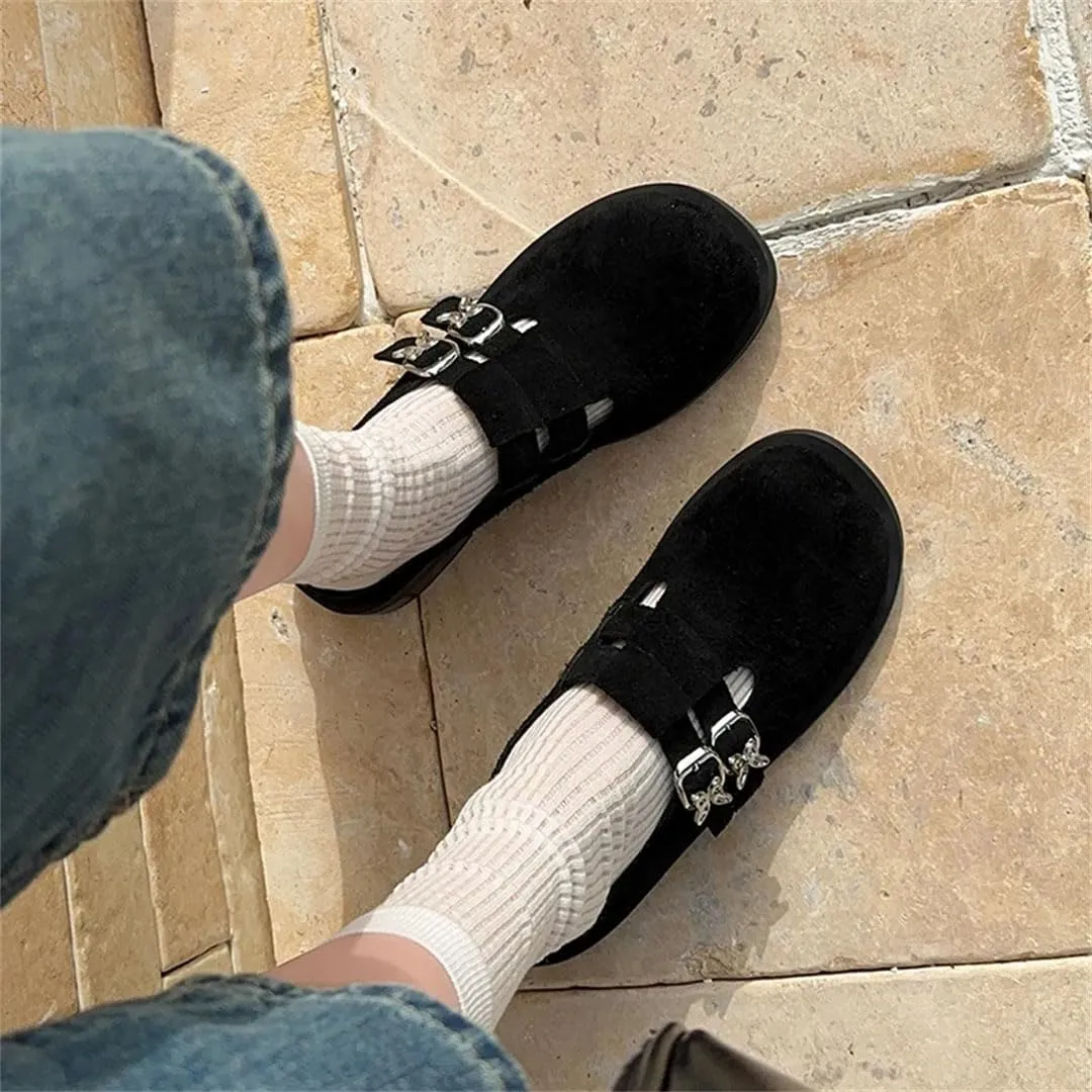 WomenS Retro Simple Round Toe Slip On Flats Cow Suede Buckle Mules for Daily Shopping and Walking
