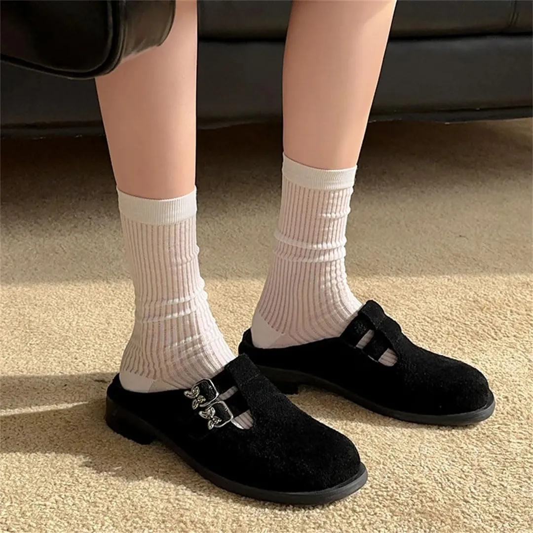 WomenS Retro Simple Round Toe Slip On Flats Cow Suede Buckle Mules for Daily Shopping and Walking