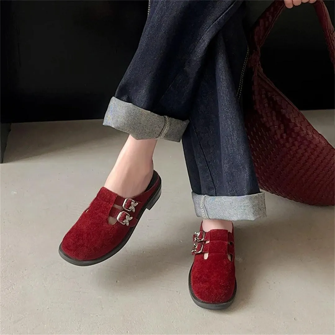 WomenS Retro Simple Round Toe Slip On Flats Cow Suede Buckle Mules for Daily Shopping and Walking