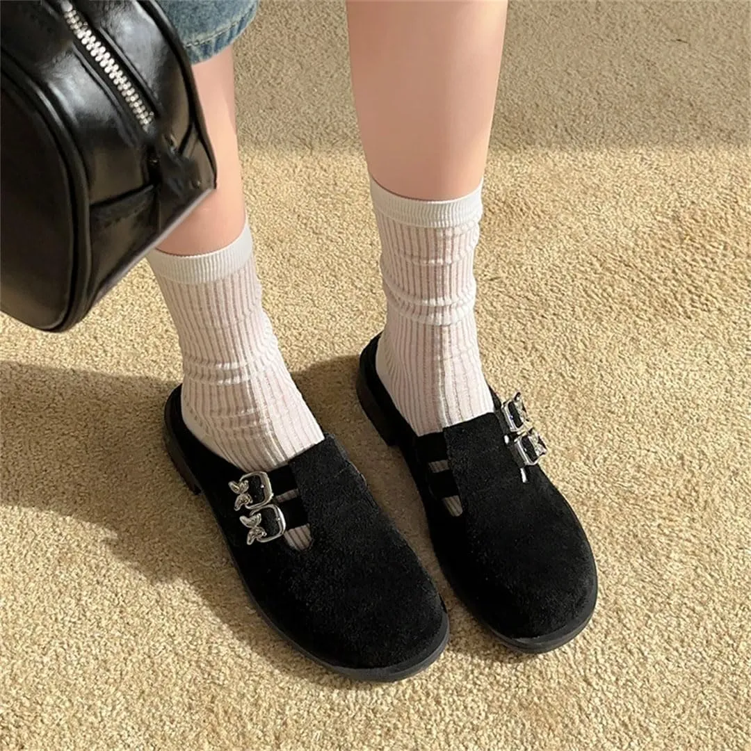 WomenS Retro Simple Round Toe Slip On Flats Cow Suede Buckle Mules for Daily Shopping and Walking