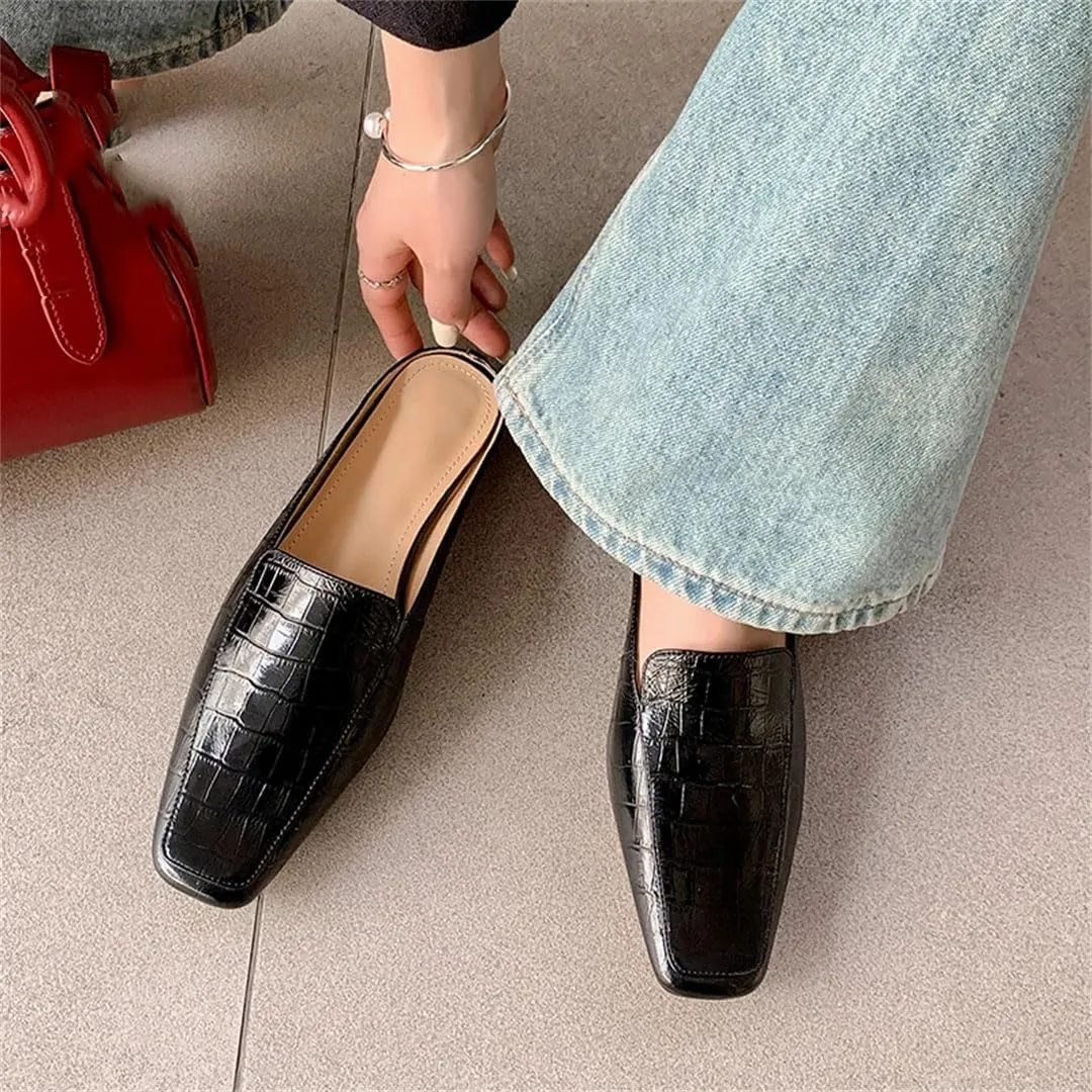 WomenS Retro Square Toe Low Heel Genuine Leather Pull On Casual Mules for Daily Shopping and Walking
