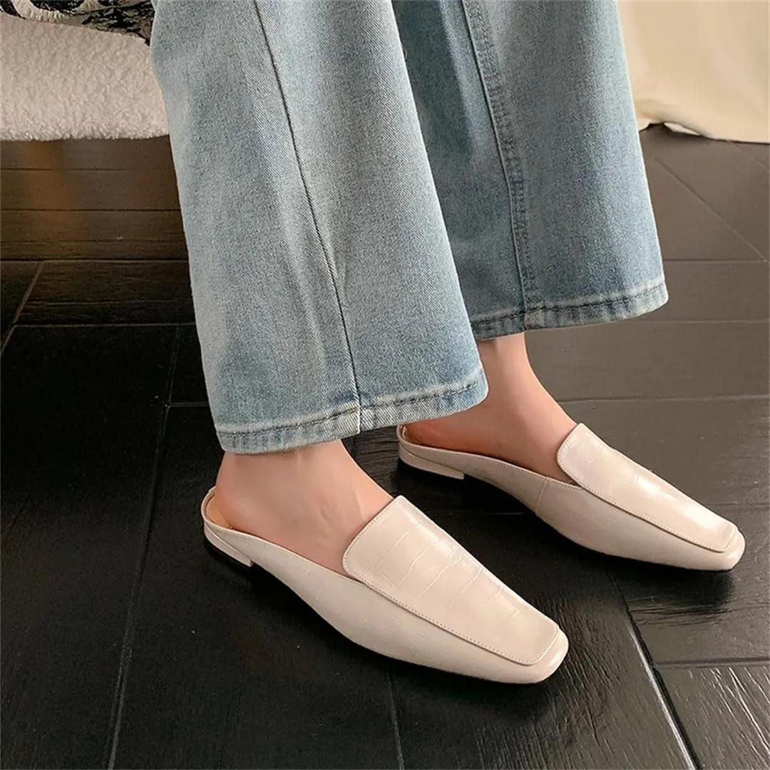 WomenS Retro Square Toe Low Heel Genuine Leather Pull On Casual Mules for Daily Shopping and Walking