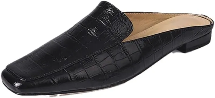 WomenS Retro Square Toe Low Heel Genuine Leather Pull On Casual Mules for Daily Shopping and Walking