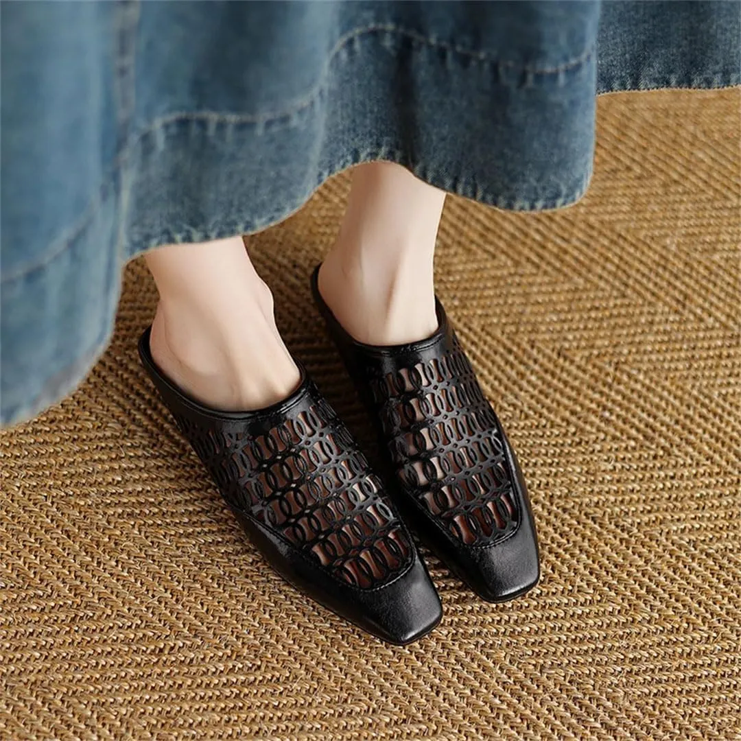 WomenS Retro Style Slip-On Square Toe Low Heel Genuine Leather Mules for Daily Shopping and Walking