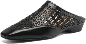 WomenS Retro Style Slip-On Square Toe Low Heel Genuine Leather Mules for Daily Shopping and Walking