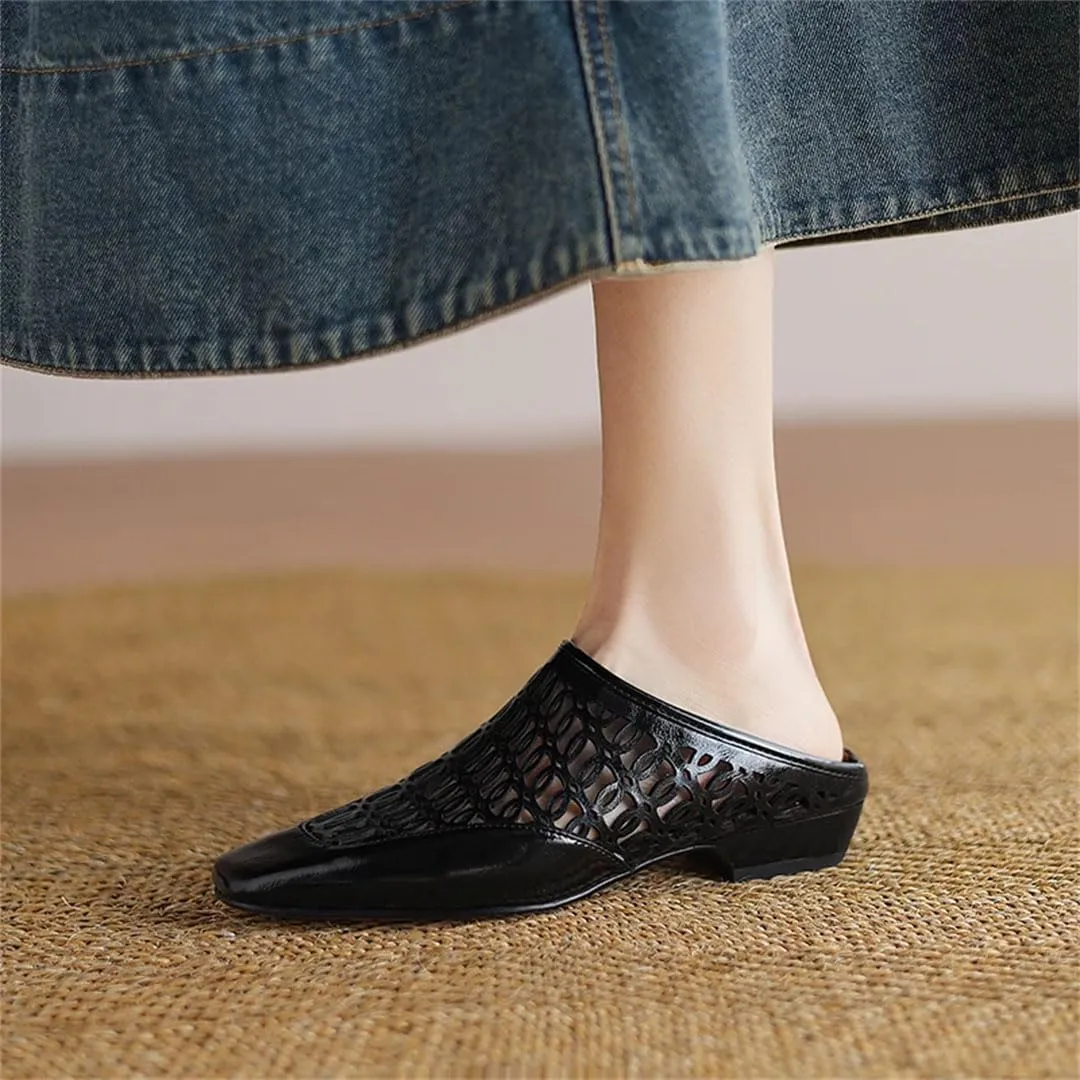 WomenS Retro Style Slip-On Square Toe Low Heel Genuine Leather Mules for Daily Shopping and Walking