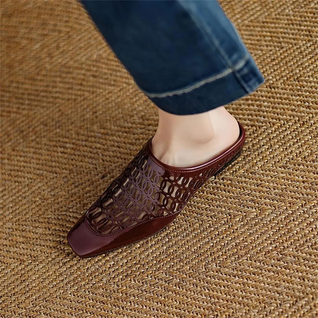 WomenS Retro Style Slip-On Square Toe Low Heel Genuine Leather Mules for Daily Shopping and Walking