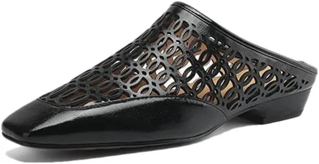 WomenS Retro Style Slip-On Square Toe Low Heel Genuine Leather Mules for Daily Shopping and Walking