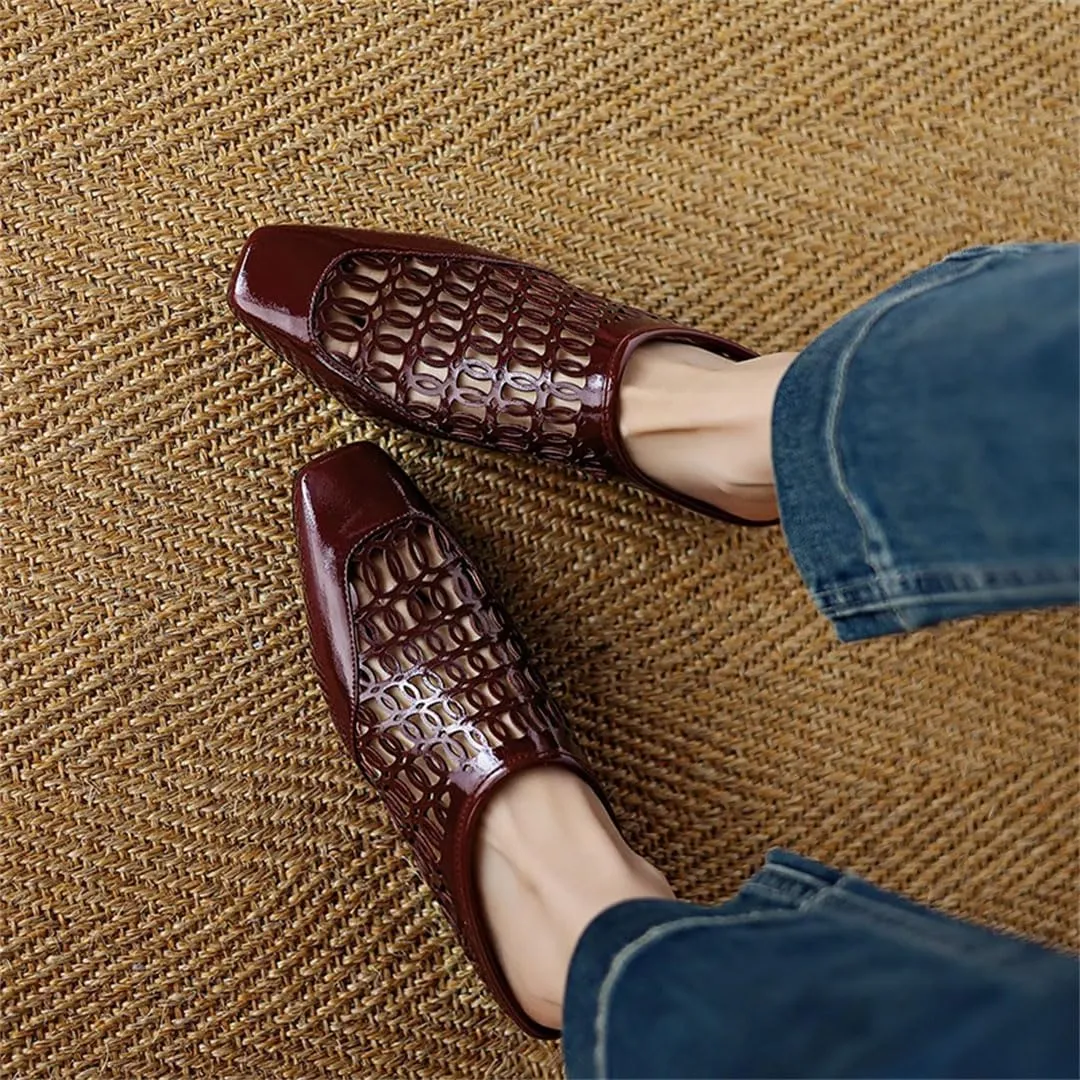 WomenS Retro Style Slip-On Square Toe Low Heel Genuine Leather Mules for Daily Shopping and Walking