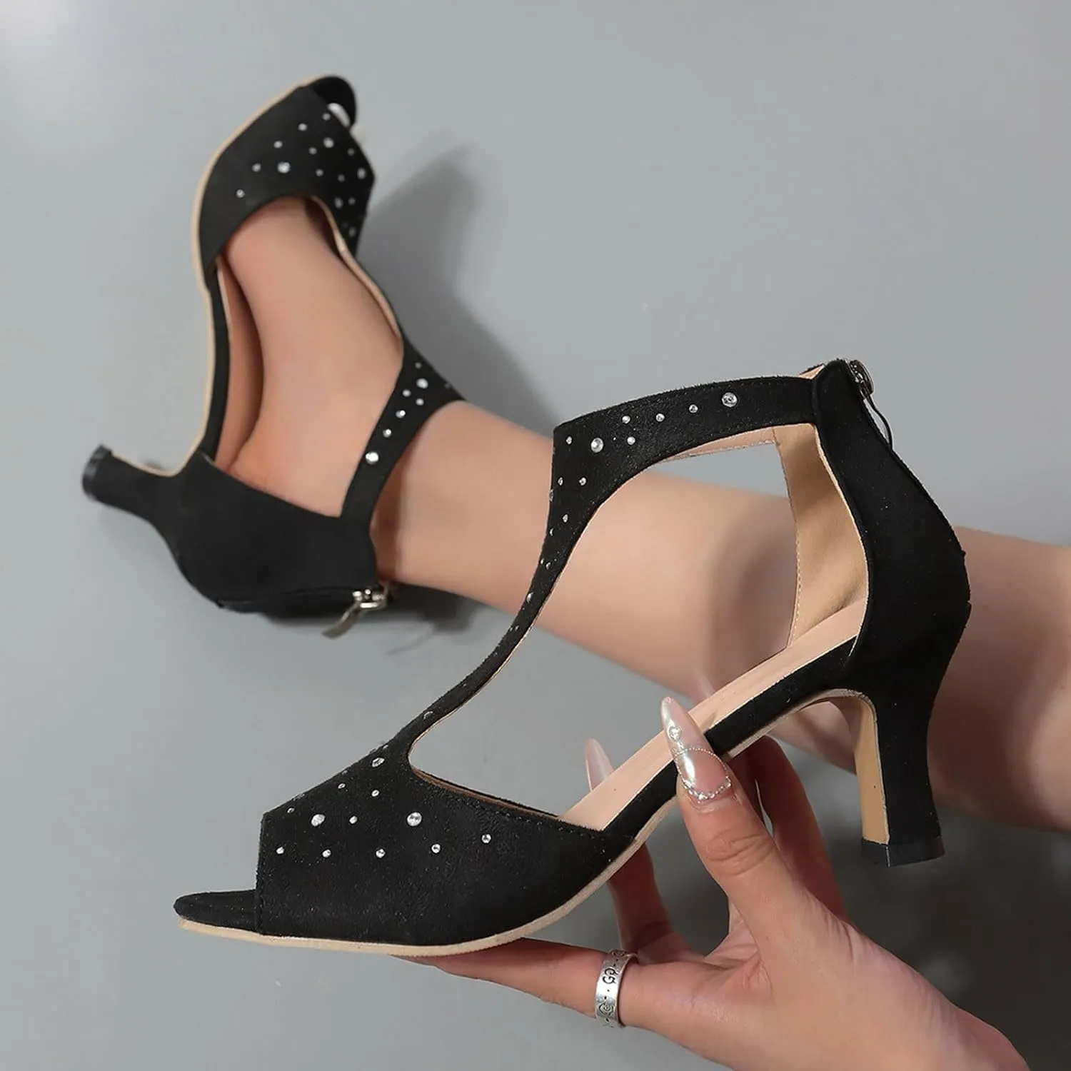 Women's Rhinestone High Heels Sandals Orthopedic Stiletto Suede Summer Open Toe Booties Comfortable Dress Side Cutout Shoes Sexy Womens Back Zipper Fish Mouth Casual Strappy Mules Beach Sandal