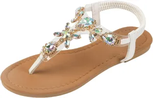 Women's Rhinestone Sparkly Flip Flops Summer T-strap Boho Sandals Cushioned Footbed Elastic Strappy Arch Support Casual Slides Low Heel Slip On Comfy Dressy Shoes for Wedding Bridal Daily Wear