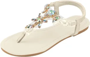 Women's Rhinestone Sparkly Flip Flops Summer T-strap Boho Sandals Cushioned Footbed Elastic Strappy Arch Support Casual Slides Low Heel Slip On Comfy Dressy Shoes for Wedding Bridal Daily Wear