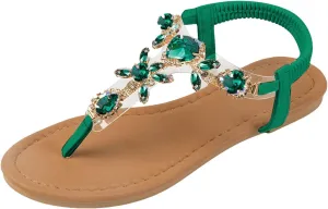 Women's Rhinestone Sparkly Flip Flops Summer T-strap Boho Sandals Cushioned Footbed Elastic Strappy Arch Support Casual Slides Low Heel Slip On Comfy Dressy Shoes for Wedding Bridal Daily Wear