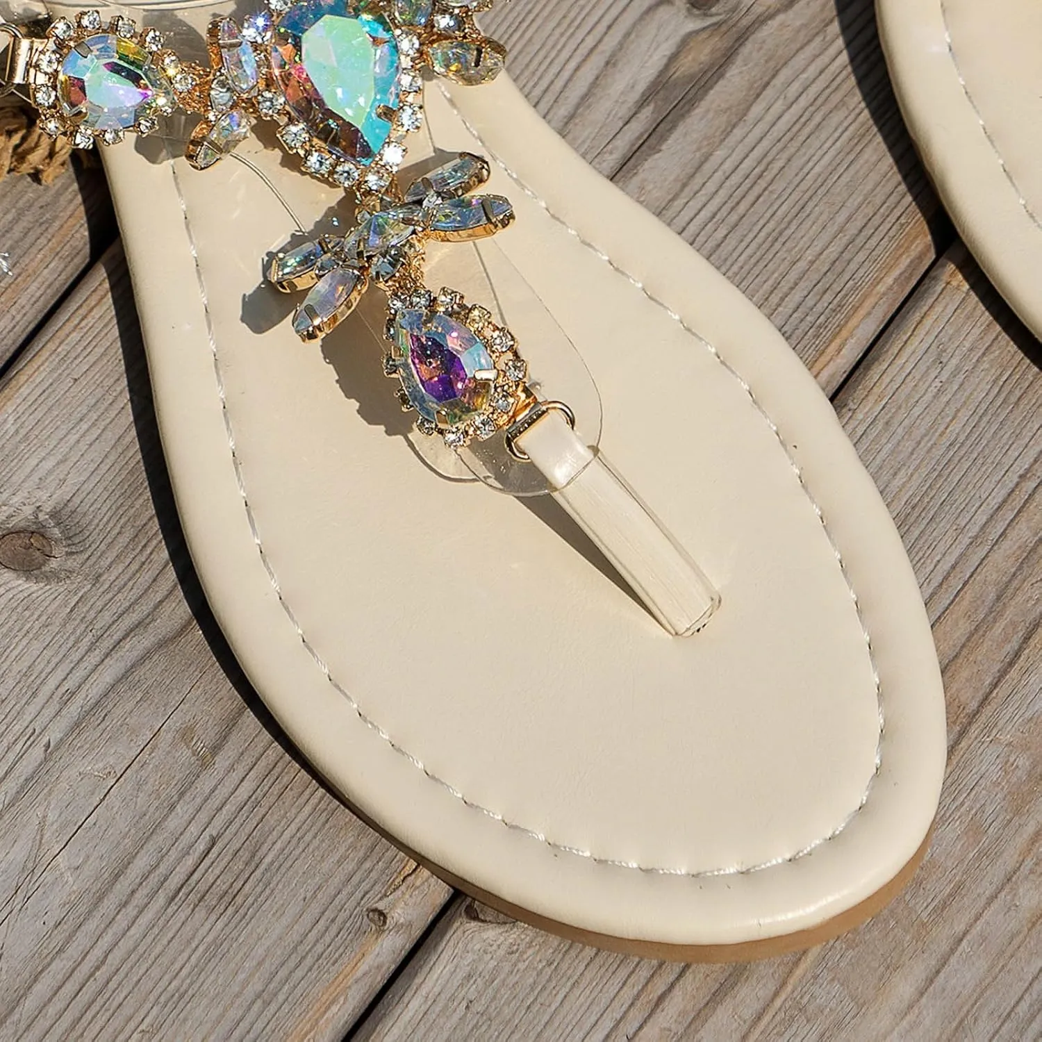 Women's Rhinestone Sparkly Flip Flops Summer T-strap Boho Sandals Cushioned Footbed Elastic Strappy Arch Support Casual Slides Low Heel Slip On Comfy Dressy Shoes for Wedding Bridal Daily Wear