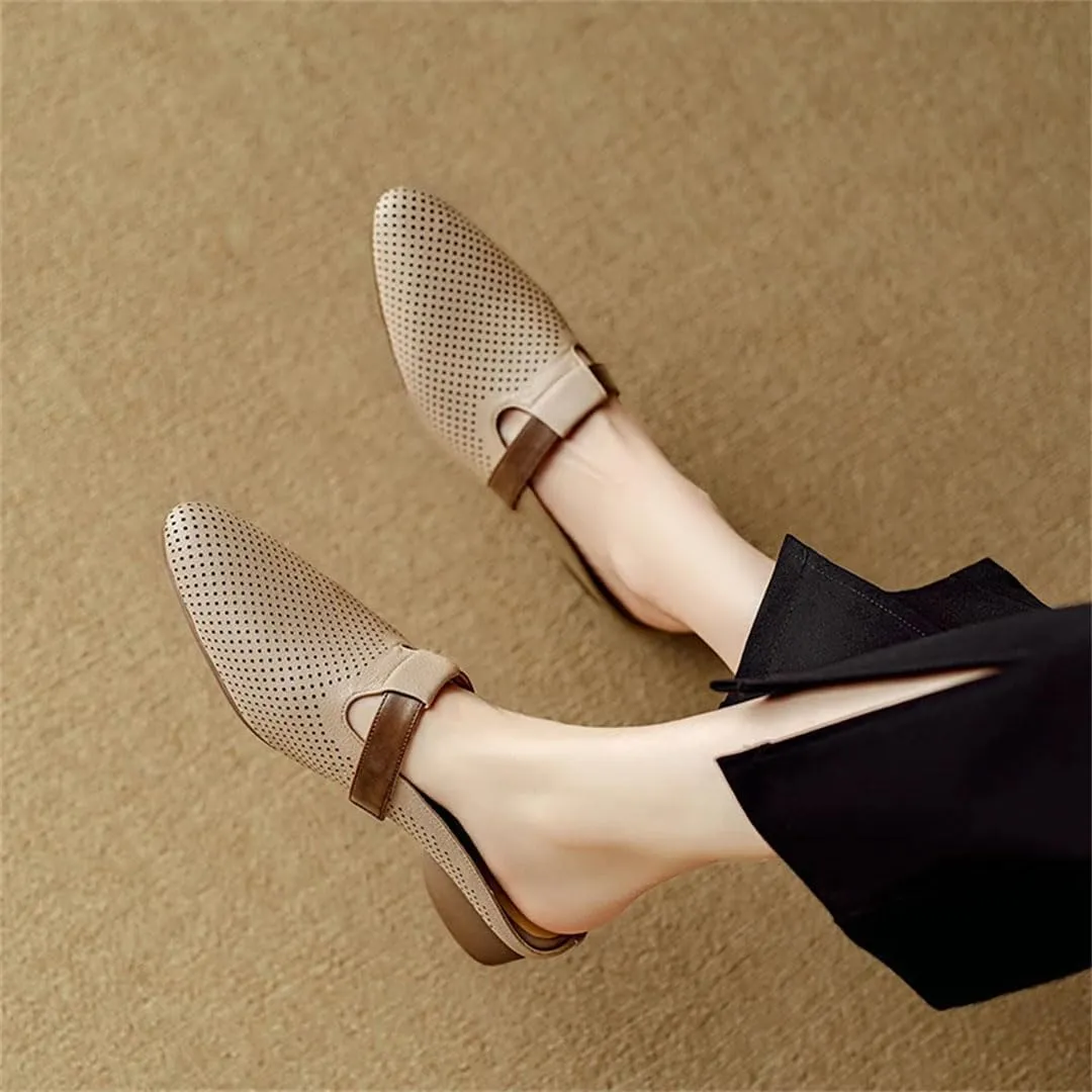 WomenS Round Toe Covered Genuine Leather Low Heel 3Cm Pull On Concise Hollow Mules