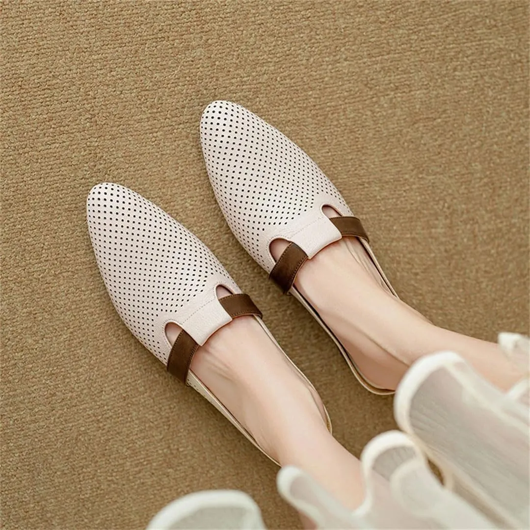 WomenS Round Toe Covered Genuine Leather Low Heel 3Cm Pull On Concise Hollow Mules