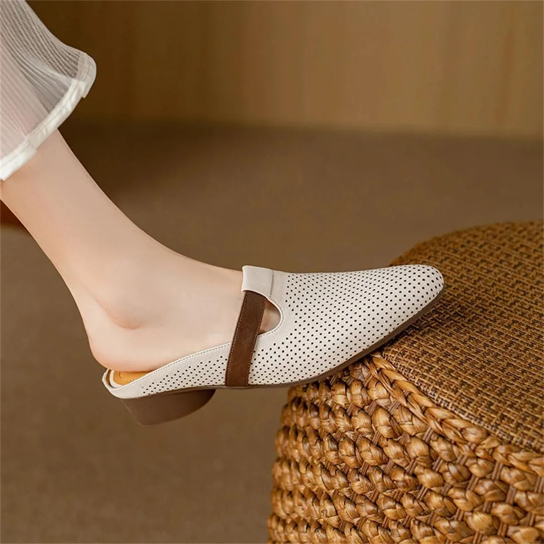 WomenS Round Toe Covered Genuine Leather Low Heel 3Cm Pull On Concise Hollow Mules