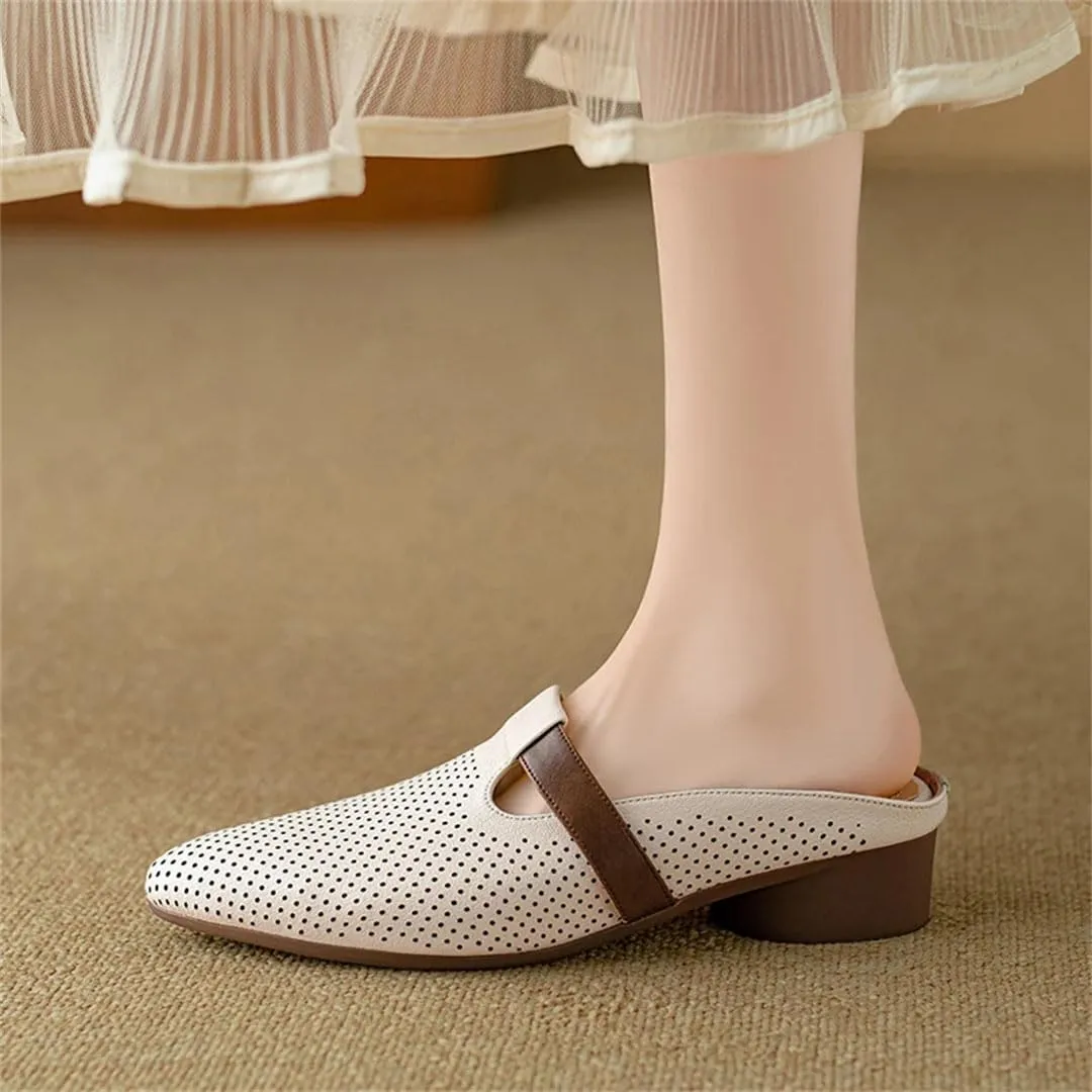WomenS Round Toe Covered Genuine Leather Low Heel 3Cm Pull On Concise Hollow Mules